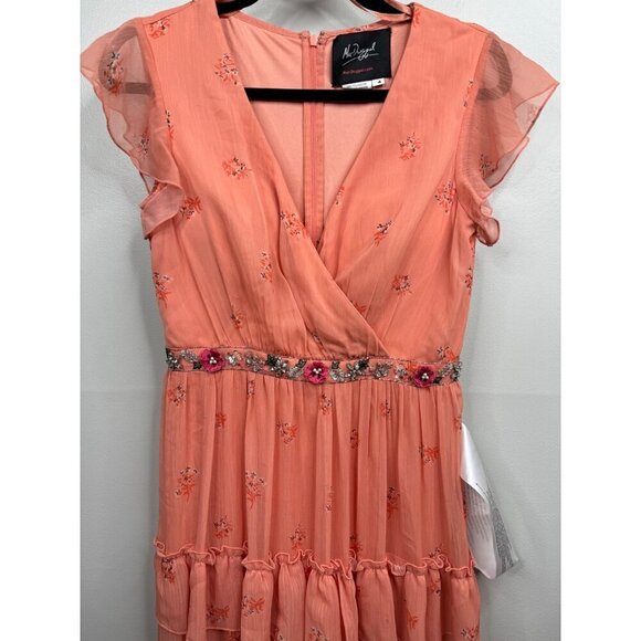 MAC DUGGAL 70115 Tiered Ruffle Chiffon Tea Length Dress in Apricot Size 4 New - Picture 4 of 7